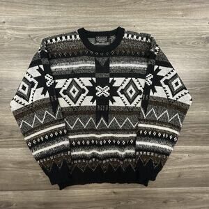 Vintage Sweater Mens Medium Black Brown Aztec Geometric Knit Crewneck Pullover